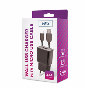 Setty USB-laturi 2,4A + micro-usb-kaapeli 1m, musta
