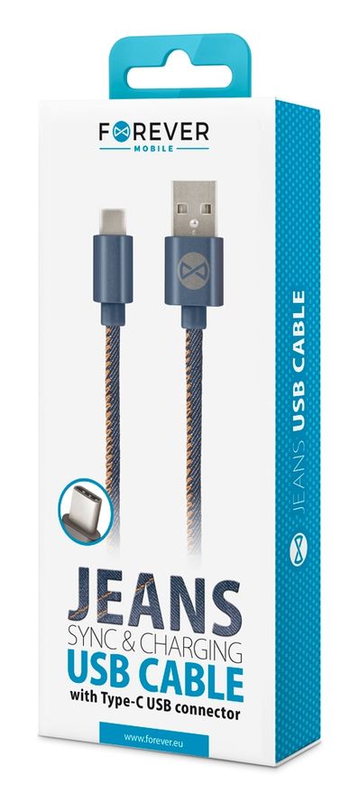 Forever Jeans USB Type-C lataus- ja synkronointikaapeli 2A, sininen