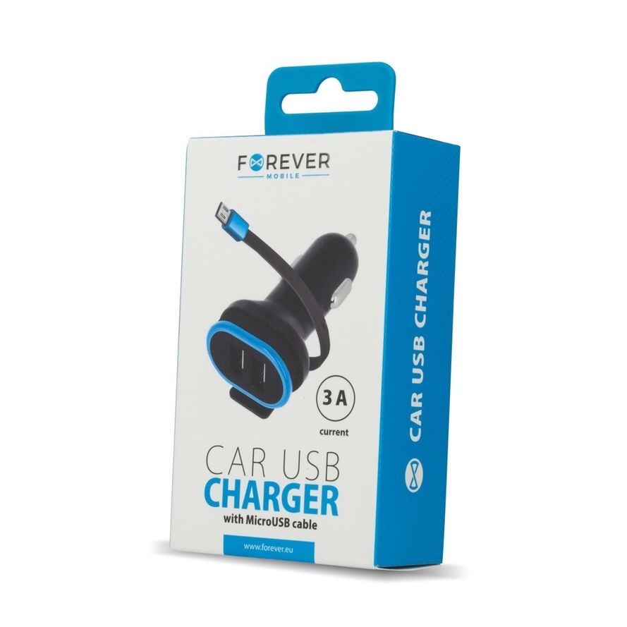 Forever CC-02 Dual USB Autolaturi 3A MicroUSB-kaapelilla, musta