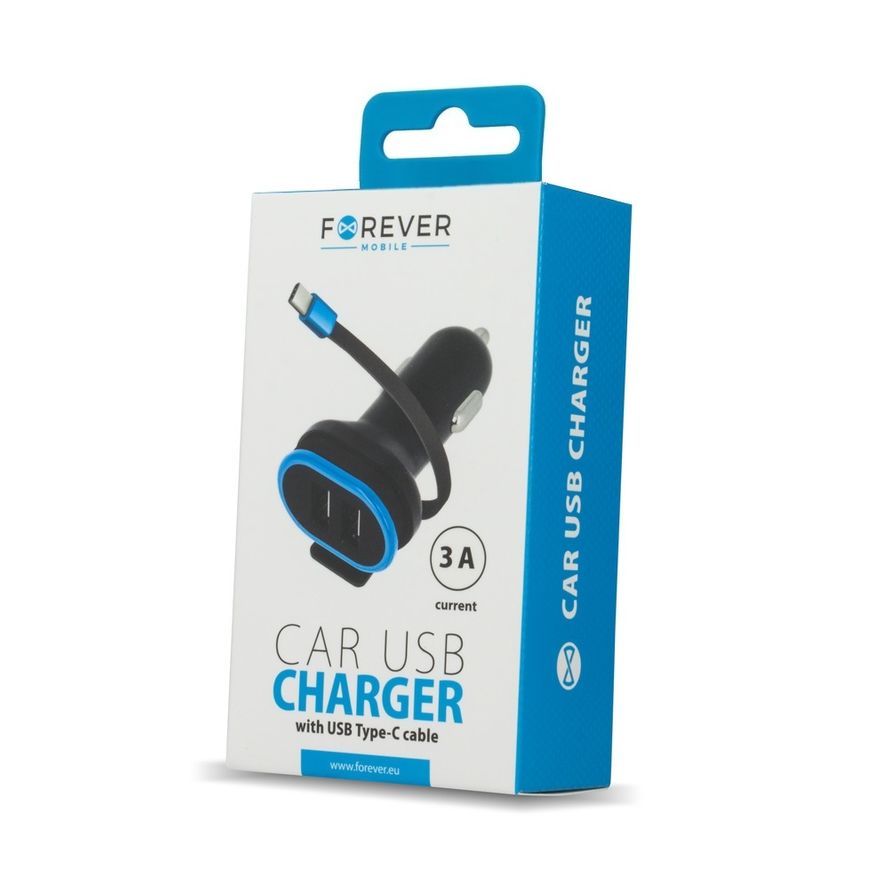 Forever CC-02 Dual USB Autolaturi 3A Type-C, musta