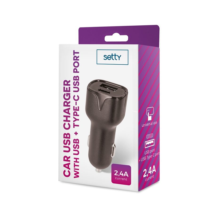 Setty USB-autolaturi USB + Type-C 2,4A - musta