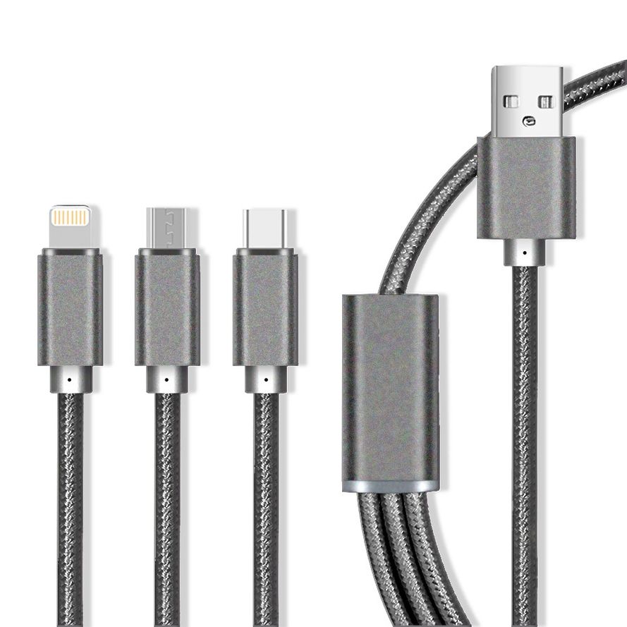 Maxlife 3in1 MicroUSB / USB-C / Lightning USB-kaapeli, harmaa