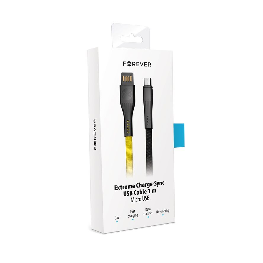 Forever Core Extreme Charge Micro-USB lataus- ja synkronointikaapeli 3A 1m, musta / keltainen