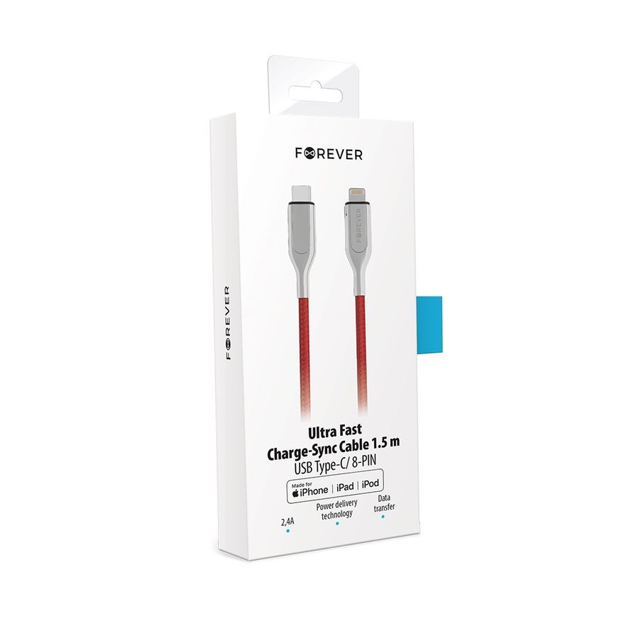 Forever Core Ultranopea MFI USB Type-C / Lightning, 2,4A lataus- ja synkronointikaapeli 1,5m, punainen