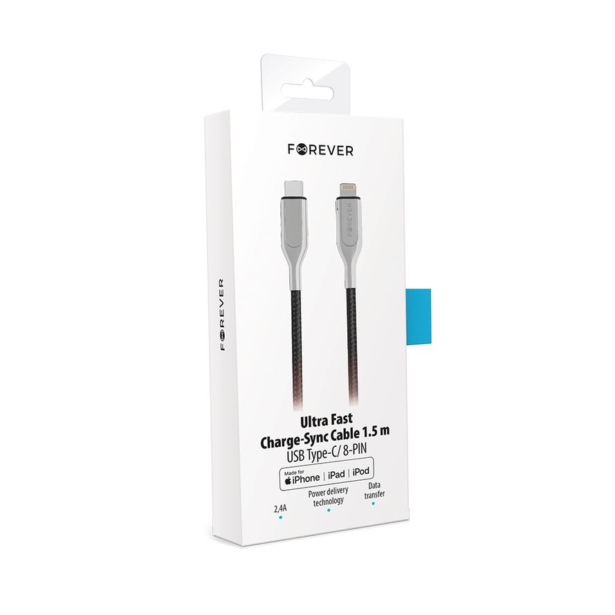 Forever Core Ultranopea MFI PD USB Type-C / Lightning, 2,4A lataus- ja synkronointikaapeli 1,5m, musta
