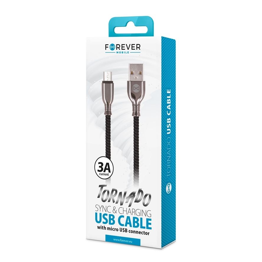 Forever Tornado micro-USB lataus- ja synkronointikaapeli 1m 3A, musta