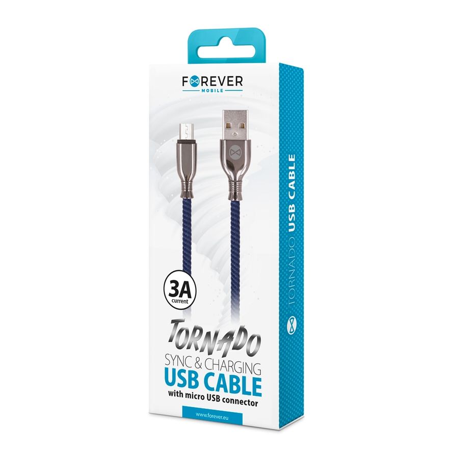 Forever Tornado micro-USB lataus- ja synkronointikaapeli 1m 3A, tummansininen