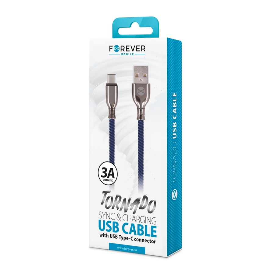 Forever Tornado USB-C lataus- ja synkronointikaapeli 1m 3A, tummansininen