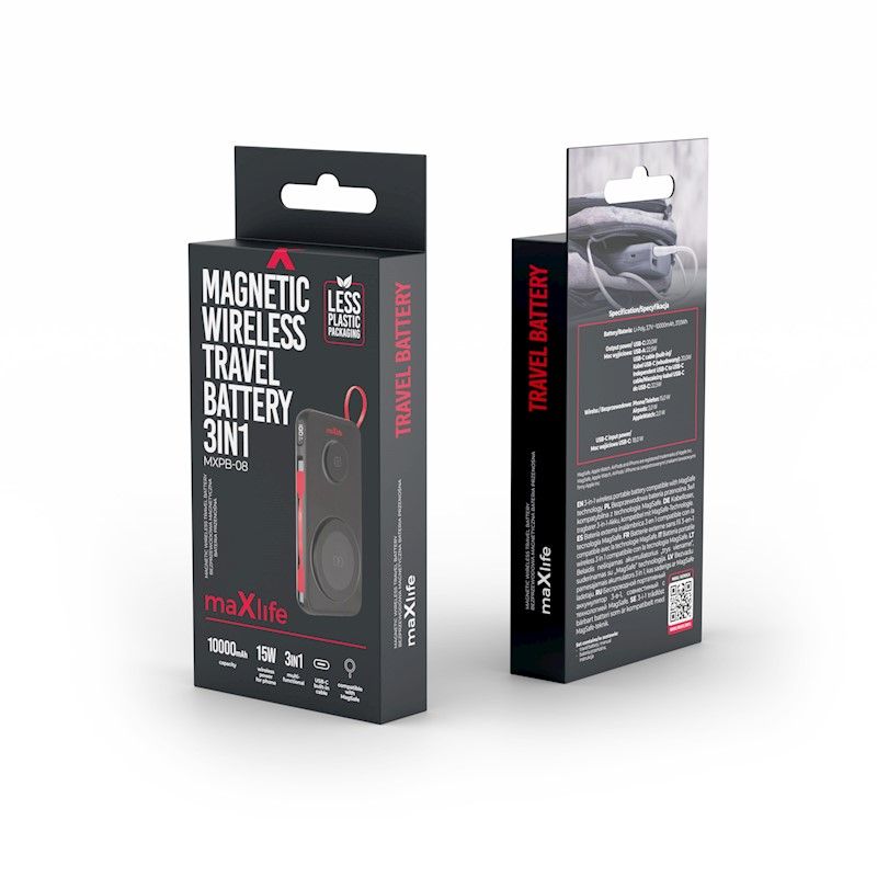 Maxlife Langaton Virtapankki MXPB-08 10000 mAh MagSafe 3-in-1 iPhone / AirPods / Apple Watch Musta