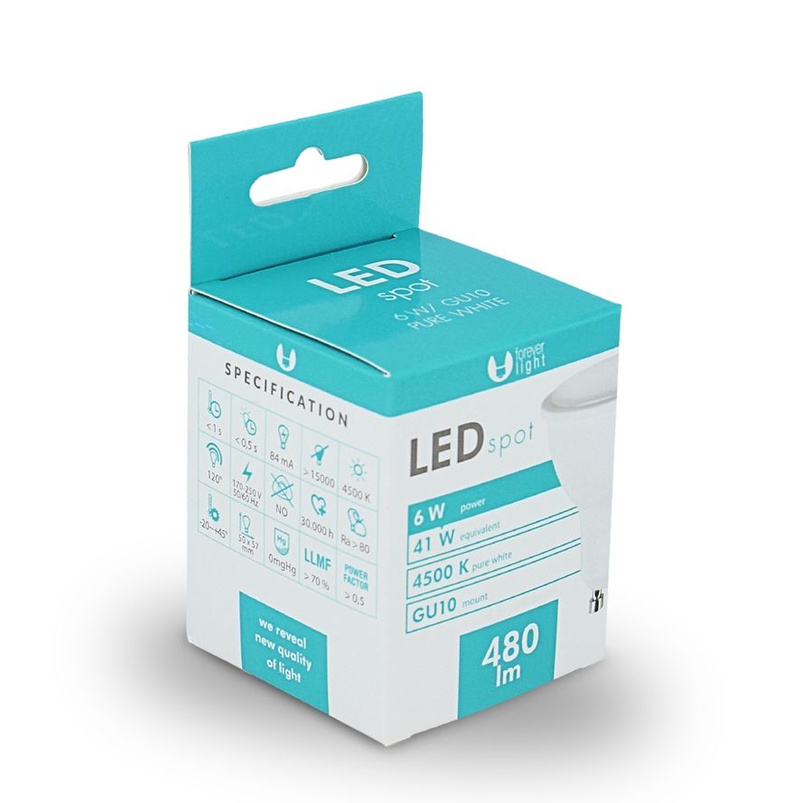 Forever Light LED Spottilamppu GU10, 6W 480lm 4500K, neutraali valkoinen