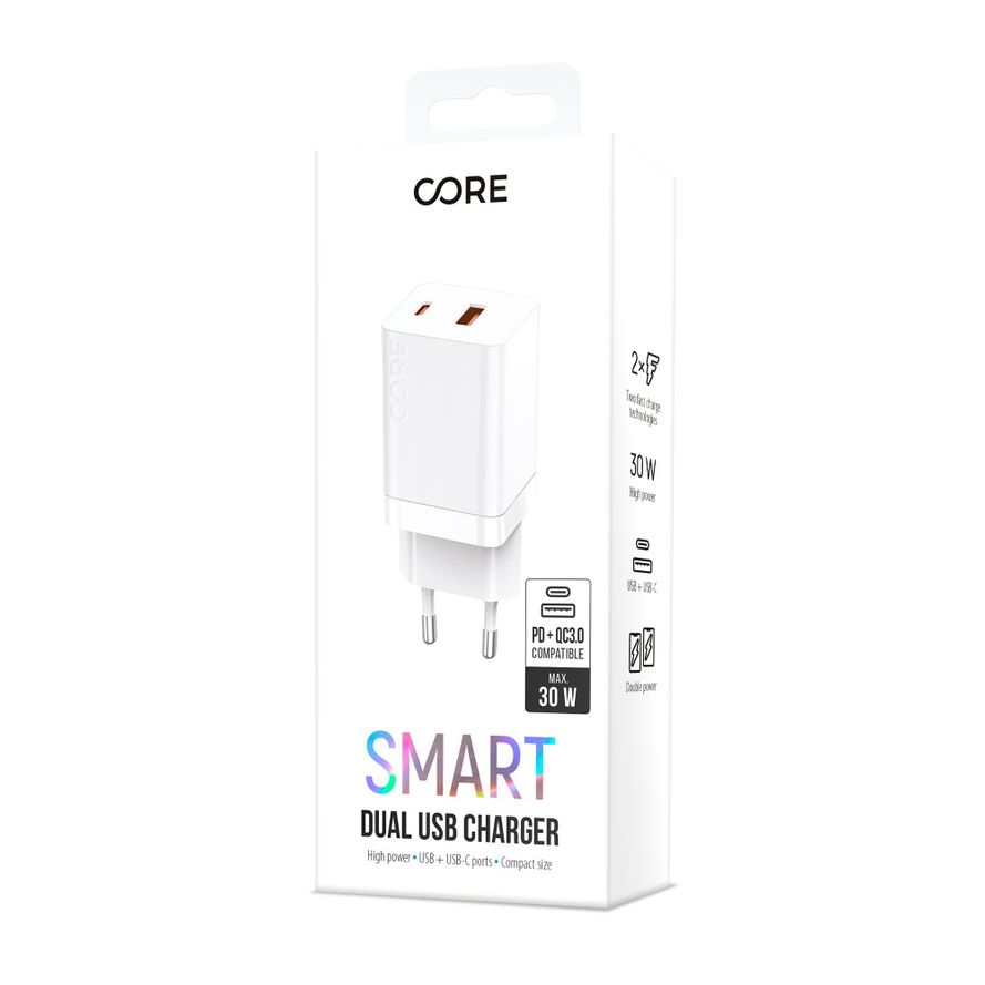Forever Core Smart PD+ QC 3.0 Pikalaturi 1x USB + 1x USB-C 30W