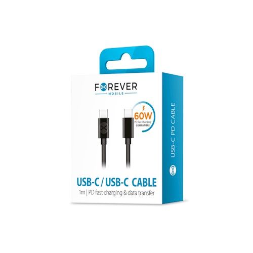 Forever USB-C - USB-C kaapeli 3A 1m 20W, musta