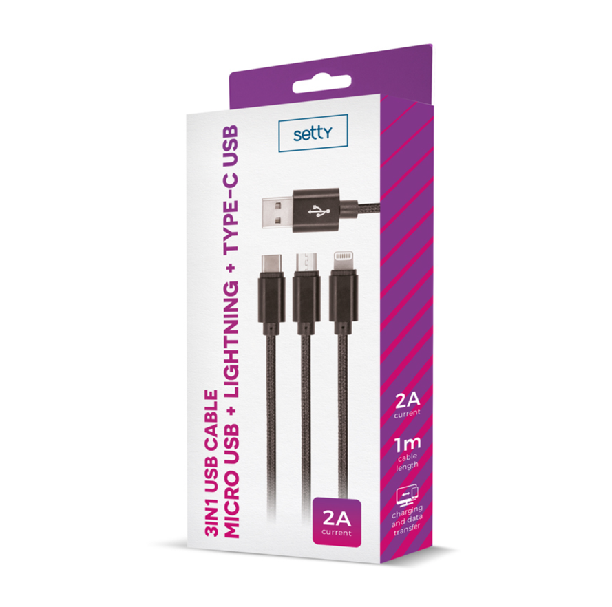 Setty 3in1 USB nylon-kaapeli - Musta