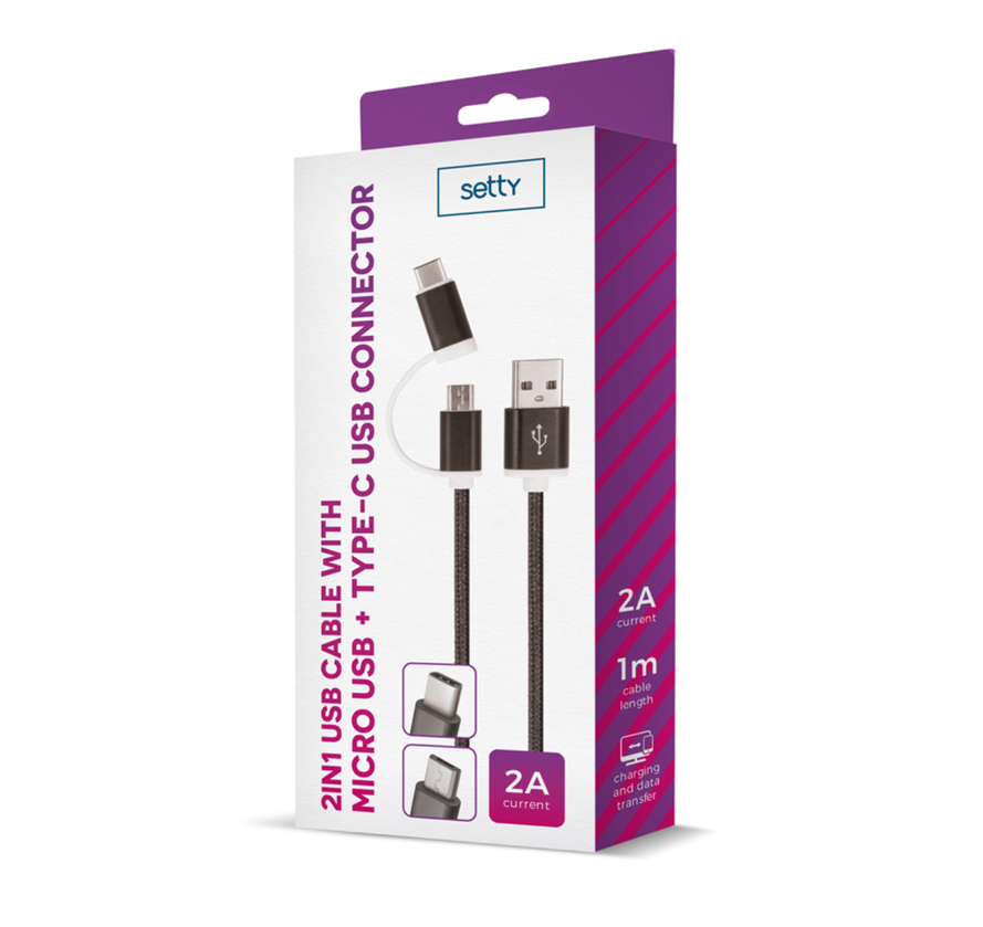 Setty 2in1 Micro-USB ja Type-C-nylon-kaapeli - Musta
