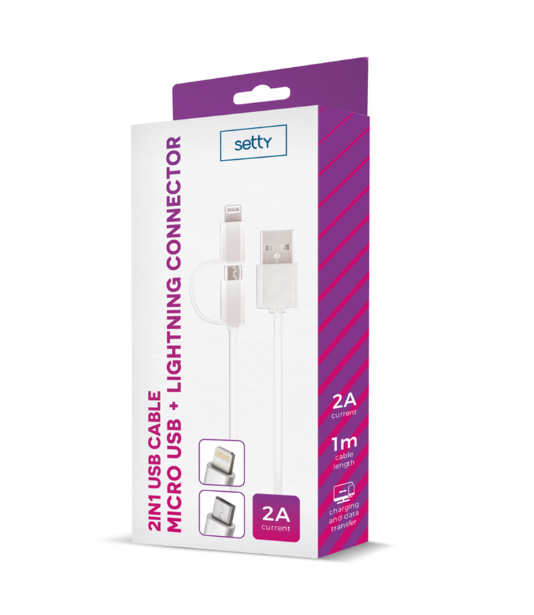 Setty 2in1 Micro-USB + Lightning-nylon-kaapeli - Valkoinen