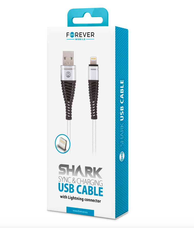 Forever Shark Lightning USB-kaapeli 1m, valkoinen