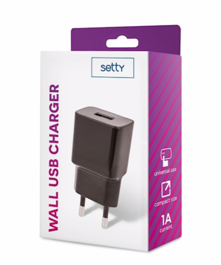 Setty USB-laturi 1A, musta