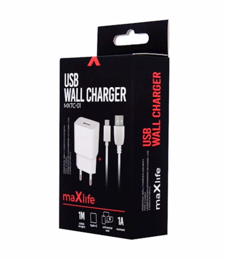 Maxlife MXTC-01 USB-seinälaturi 1A + Type-C-kaapeli valkoinen