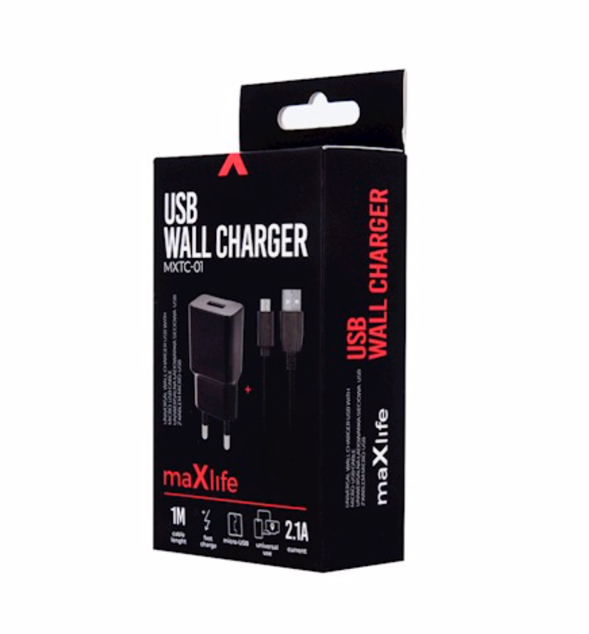 Maxlife MXTC-01 Fast Charge seinälaturi 2,1A + Micro-USB-kaapeli musta