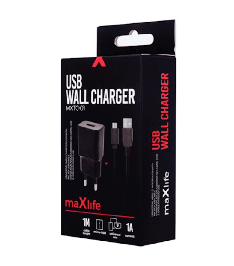 Maxlife MXTC-01 USB-seinälaturi 1A + Micro-USB-kaapeli musta