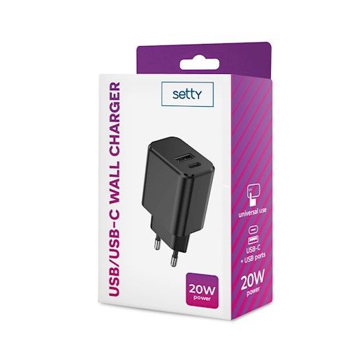 Setty USB-A + USB-C laturi 3A 20W - Musta