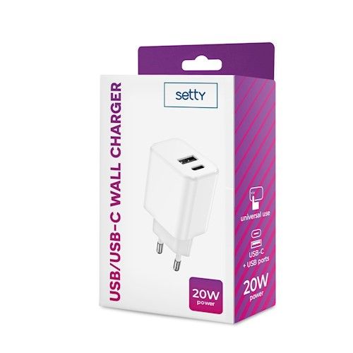 Setty USB-A + USB-C laturi 3A 20W - Valkoinen