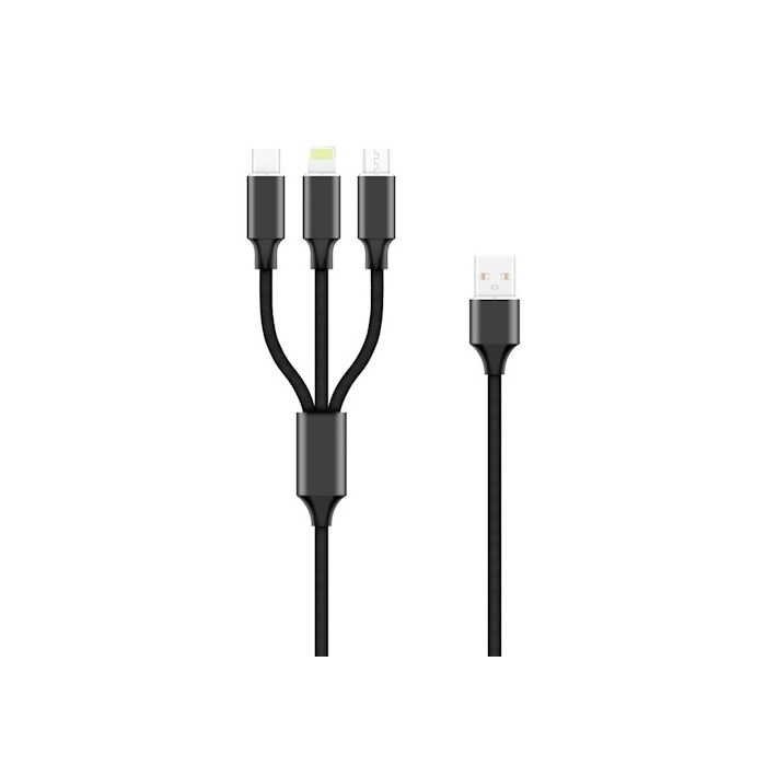 Setty 3in1 USB latauskaapeli microUSB, USB-C, Lighting 1m 2A - Musta