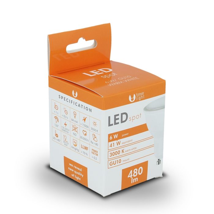 Forever Light LED Spottilamppu GU10, 6W 480lm 3000K, lämmin valkoinen Forever Light LED Spottilamppu GU10, 6W 480lm 3000K, lämmin valkoinen