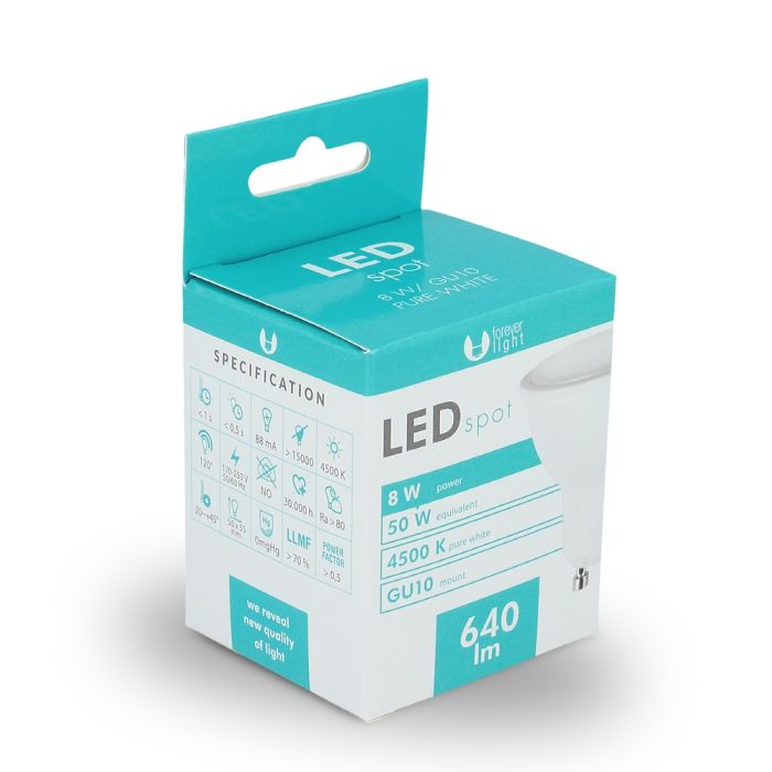 Forever Light LED Spottilamppu GU10 8W 230v 4500K neutraali valkoinen Forever Light LED Spottilamppu GU10 8W 230v 4500K neutraali valkoinen