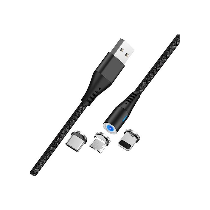 Maxlife MXUC-02 Magneettinen USB Latauskaapeli 1m Lightning + USB-C + microUSB 2A Fast Charge, musta