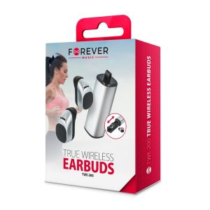 Forever Bluetooth Nappikuulokkeet TWE-200 + latauskotelo, hopea